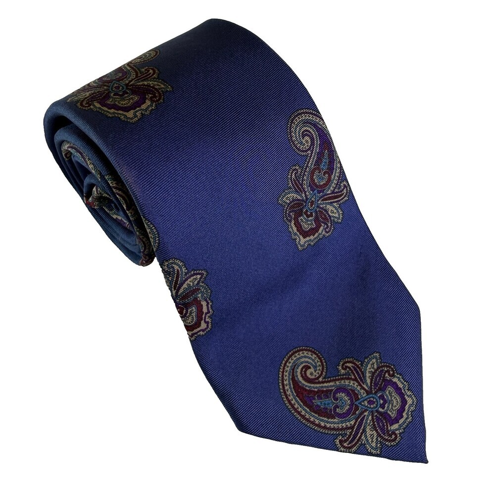 VTG Mallory & Church London Pure Italian Silk Men's Neck Tie Navy Blue Paisley - Picture 2 of 12
